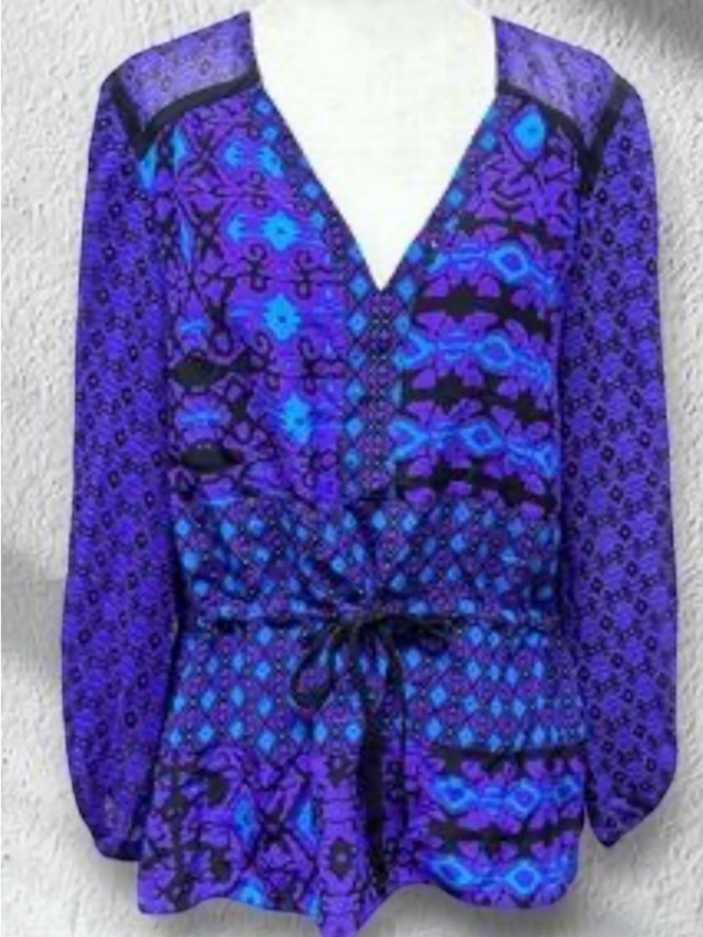 Nanette Lepore 100% Silk Geometric Print Tie Cinch Waist Blouse 10